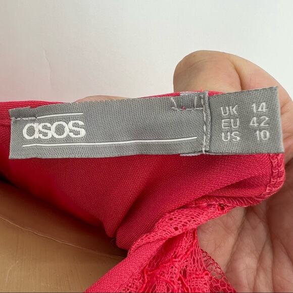 ASOS US 10 Pink Floral Lace Short Sleeve Zip Up Pleated Mini Fit & Flare Dress - Picture 6 of 7